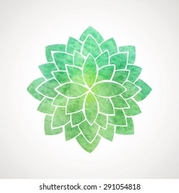 Watercolor lotus flower in green color. Symbol of oriental indian practices, yoga, meditation, spa, health. Vector decorative element. Logo template