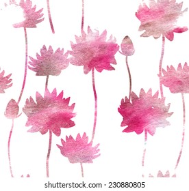 Watercolor lotus flowers seamless pattern with pink stylized ornate blossom