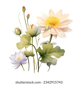 Watercolor lotus plant clipart for graphic resources. Watercolor lotus flowers on white background vector illustration design