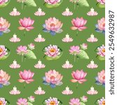 Watercolor lotus seamless pattern with exquisite watercolor lotus flowers in soft pinks and purples. perfect for home decor and more. Flower pattern, vintage illustration, hand-painted, background