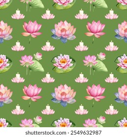 Watercolor lotus seamless pattern with exquisite watercolor lotus flowers in soft pinks and purples. perfect for home decor and more. Flower pattern, vintage illustration, hand-painted, background