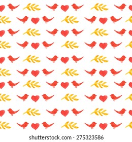 watercolor love bird seamless pattern. bright background. yellow. pink. wedding watercolor set. lovely bird silhouette. gold pattern. gold branch. heart. vintage pattern