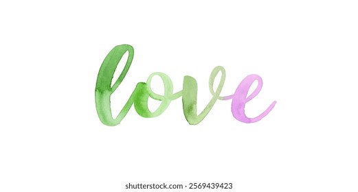 Watercolor love design, vibrant green and purple, artistic lettering, romantic theme, perfect for prints.