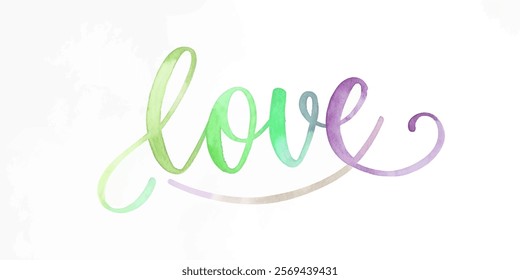 Watercolor love design, vibrant green and purple colors, artistic lettering, romantic theme, decorative wall art.