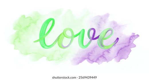 Watercolor love design, vibrant green hues, soft purple accents, romantic theme, artistic expression, modern decor.