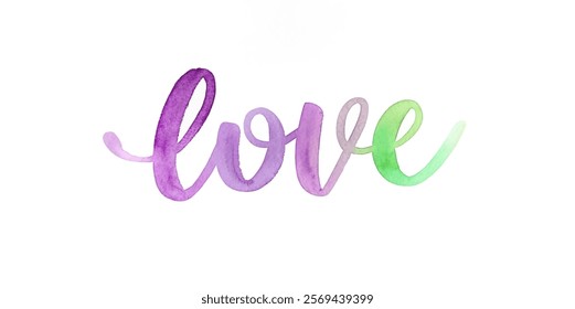 Watercolor love design, vibrant purple green hues, artistic lettering, romantic decor, expressive typography.