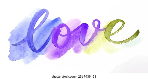 Watercolor love design, vibrant purple hues, artistic lettering, romantic theme, creative expression, decorative art.