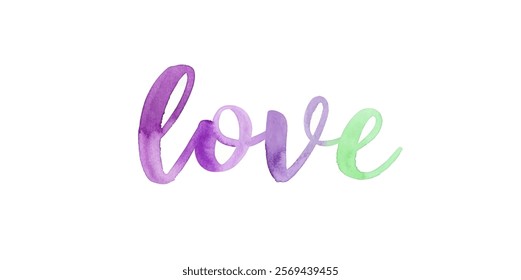 Watercolor love design, vibrant purple and green, artistic lettering, romantic decor, modern typography, creative expression.