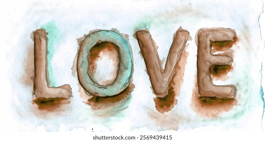 Watercolor love illustration, artistic lettering, soft colors, romantic theme, decorative design, expressive art piece.
