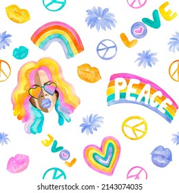 Watercolor Love And Peace, Seamless Pattern. Colourful Abstract Print. Rainbows, Lips, Peace Symbol, Love And Flowers.