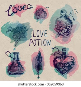 Watercolor Love Potion Set on Craft Paper Background. Beautiful jars and flasks with hearts inside. Suitable for Saint Valentine Decoration.