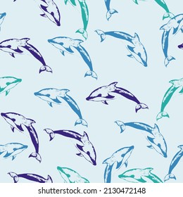 Watercolor lovely dolphins seamless pattern on background with bubbles. Marine theme, ocean. Summer graphic design pattern with cute fishes. Vector.