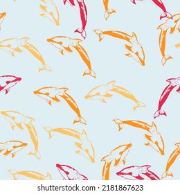 Watercolor lovely dolphins seamless pattern on background with bubbles.  Childish mammals in cartoon style. Hand painted cute animal illustration