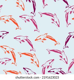 Watercolor lovely dolphins seamless pattern on background with bubbles. Childish animals in cartoon style.