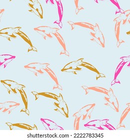 Watercolor lovely dolphins seamless pattern on white background. Hand painted watercolor pattern with stylized blue dolphin. 