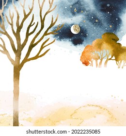 Watercolor magic autumn hand draw vector illustration with trees and moon. Template frame for invitation, poster, flyer, banner, card. Place for message