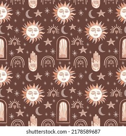 Watercolor magic pattern with sun, stars and hands. Brown background. Vector illustration