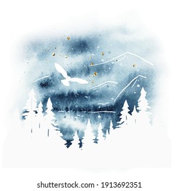 Paisaje vectorial mágico acuarela en colores azul, dorado y blanco. Bosque, lago, montañas y búho bajo el cielo nocturno. Ilustración dibujada a mano. Diseño de una camiseta, postal, afiche, bolsa