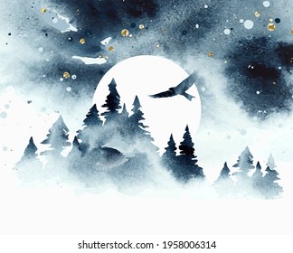 Watercolor magic vector landscape in blue, golden and white colors. Forest with eagle under night sky with moon. Hand drawn illustration. Watercolor design for card, poster, banner, print