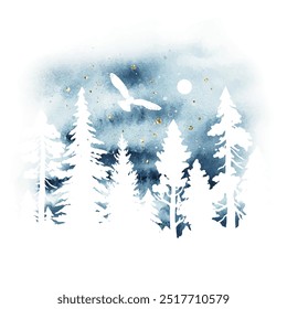 Aquarela mágica paisagem vetorial em azul, dourado e branco cores. Floresta de coníferas, agora, lua e céu noturno. Ilustração desenhada à mão para cartão de natal, impressão, cartão postal, banner e cartaz