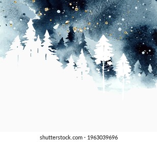 Watercolor magic vector landscape with forest under night sky in blue, golden and white colors. Place for text or illustration. Watercolor design for card, poster, banner, postcard