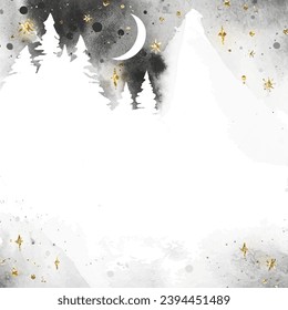 Paisaje vectorial mágico acuarela en colores grises, dorados y blancos. Bosque con montaña bajo cielo nocturno con luna. Plantilla de Navidad con lugar para texto o ilustración