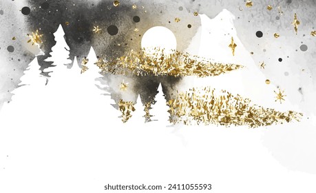 Watercolor magic vector landscape in gray, golden and white colors. Coniferous forest, mountain and sky with golden clouds and moon. Hand drawn template with place for text