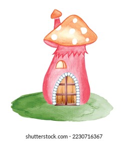 Watercolor magical gnome house illustration, fantasy fairy garden house with wooden door and green leaves for cartoon illustration, cards, invitations, t-shirts