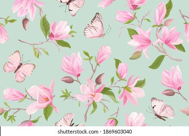 Watercolor magnolia floral seamless vector pattern. Butterflies, summer magnolia flowers, leaves, blossom background. Spring wedding japanese wallpaper, for fabric, prints, invitation, backdrop, cover