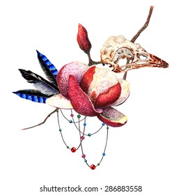 Watercolor Magnolia flower, Bird Skull, Feathers, Flower Bud & Beaded Threads, isolated on white background. Vector Element for your design. Illusion ethnic illustration. Psychedelic Art.