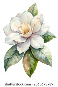 Watercolor magnolia flower, delicate petals, lush green leaves, botanical illustration, nature-inspired art, floral decor.