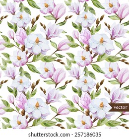 watercolor, magnolia, flower, pattern, wallpaper, background