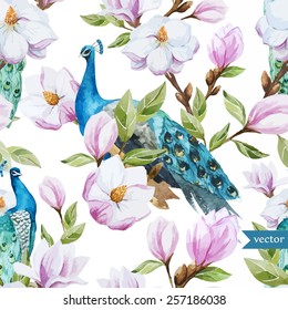 watercolor, magnolia, flower, peacock, pattern, wallpaper, 