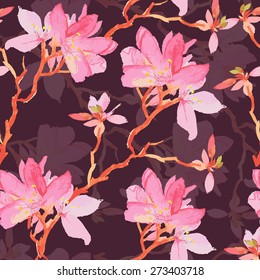 Watercolor magnolia seamless pattern on purple background.