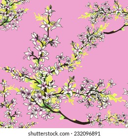 Watercolor magnolia tree seamless pattern on pink background vector illustration