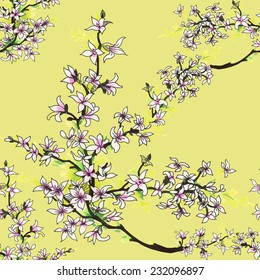 Watercolor magnolia tree seamless pattern on yellow background vector illustration