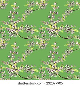 Watercolor magnolia tree seamless pattern on green background vector illustration