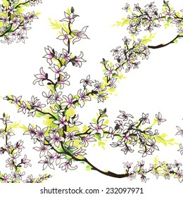 Watercolor magnolia tree seamless pattern on white background vector illustration