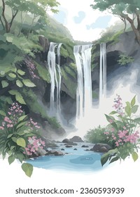 Watercolor of a majestic waterfall surrounded by greenery and wild flowers