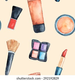 Watercolor make up seamless pattern. Set of cosmetics objects. Vector collection for make up: foundation, lipstick, eye shadows, brushes. 