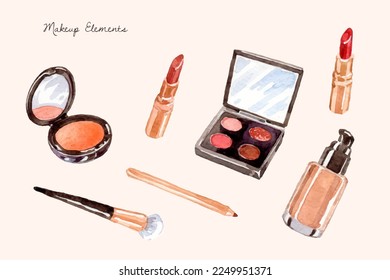 Watercolor makeup tools and cosmetic products collection