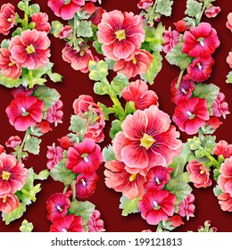 Watercolor mallow flowers seamless pattern on dark red background vector