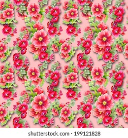 Watercolor mallow flowers seamless pattern on pink background vector