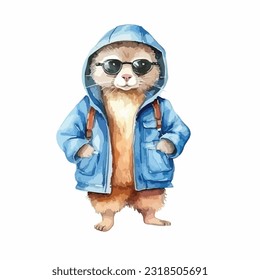 watercolor Mammal wearing clothes playful funny white background isolated. vector illustration