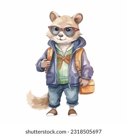 watercolor Mammal wearing clothes playful funny white background isolated. vector illustration