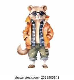 watercolor Mammal wearing clothes playful funny white background isolated. vector illustration