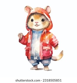 watercolor Mammal wearing clothes playful funny white background isolated. vector illustration