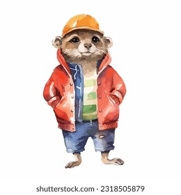 watercolor Mammal wearing clothes playful funny white background isolated. vector illustration
