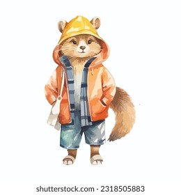 watercolor Mammal wearing clothes playful funny white background isolated. vector illustration