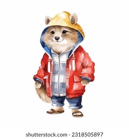 watercolor Mammal wearing clothes playful funny white background isolated. vector illustration
